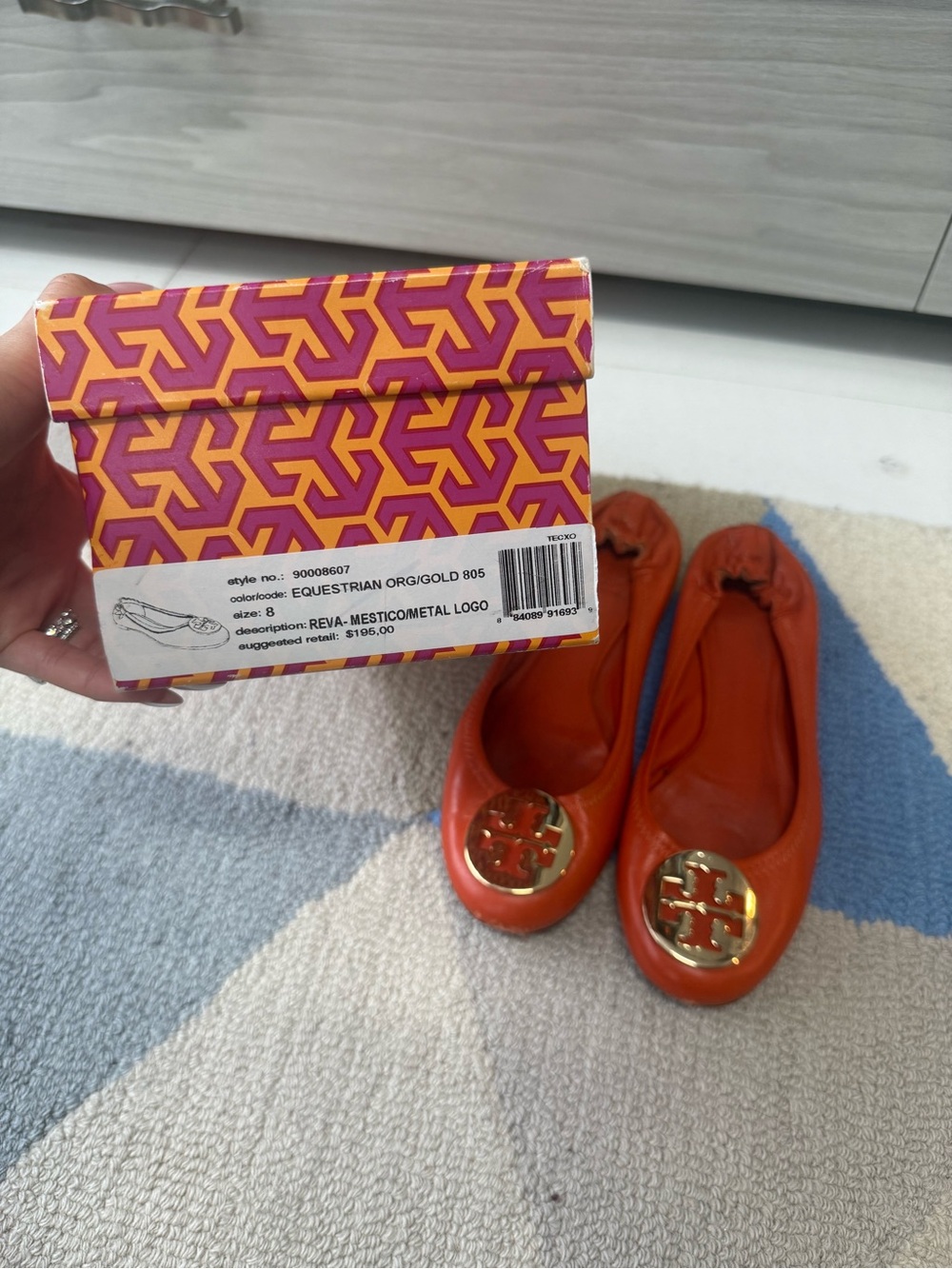 Tory Burch Equestrian Orange Leather Ballet Flats with Gold Logo/ 805